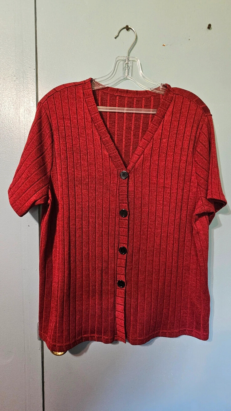 Red Ribbed Short Sleeve Button Front Cardigan Top XL